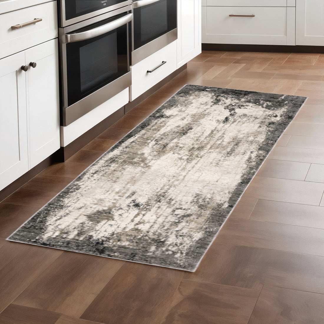 2' X 8' Grey Ivory Charcoal Tan Black And Beige Abstract Power Loom Stain Resistant Runner Rug - Homeroots - Flyclothing LLC