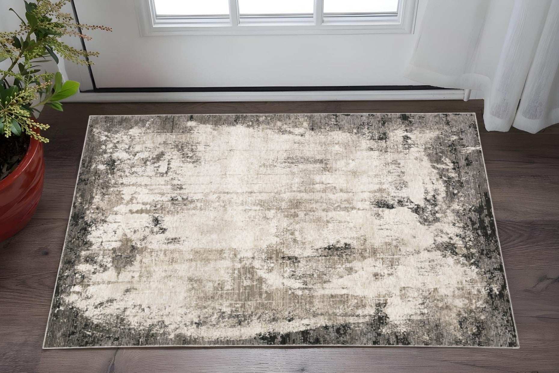 3' X 5' Grey Ivory Charcoal Tan Black And Beige Abstract Power Loom Stain Resistant Area Rug - Homeroots - Flyclothing LLC