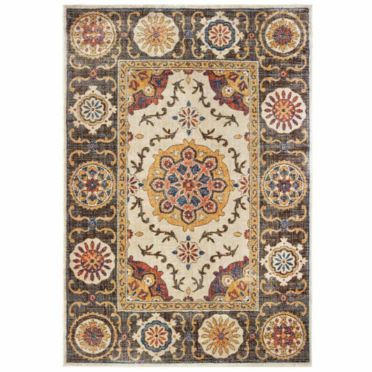 10' X 13' Ivory And Brown Oriental Power Loom Stain Resistant Area Rug - Homeroots - Flyclothing LLC