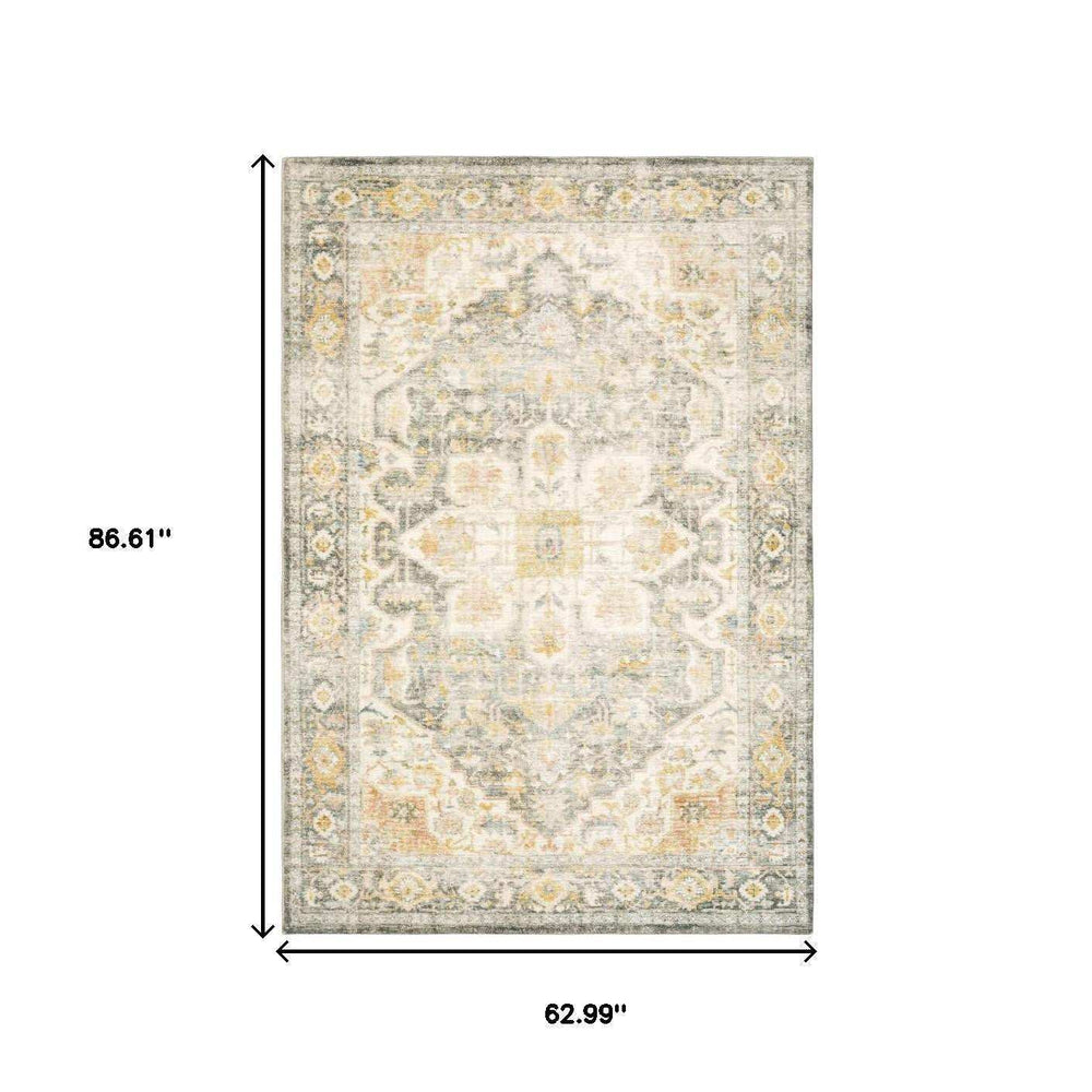 5' X 7' Grey Gold Orange And Ivory Oriental Power Loom Stain Resistant Area Rug - Homeroots - Flyclothing LLC