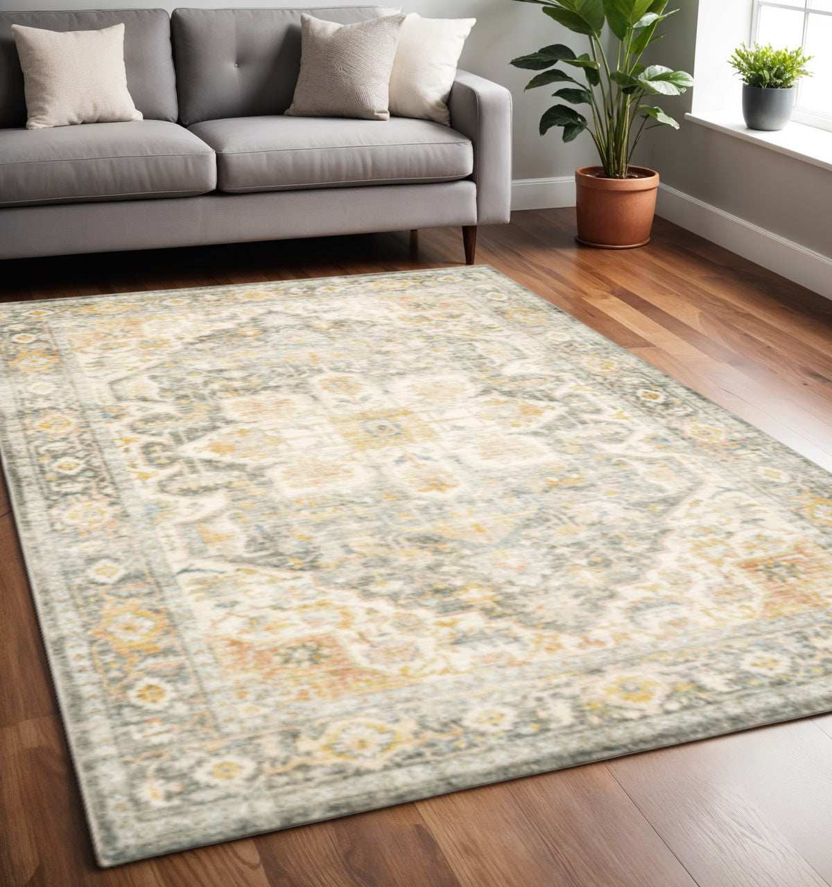 5' X 7' Grey Gold Orange And Ivory Oriental Power Loom Stain Resistant Area Rug - Homeroots - Flyclothing LLC
