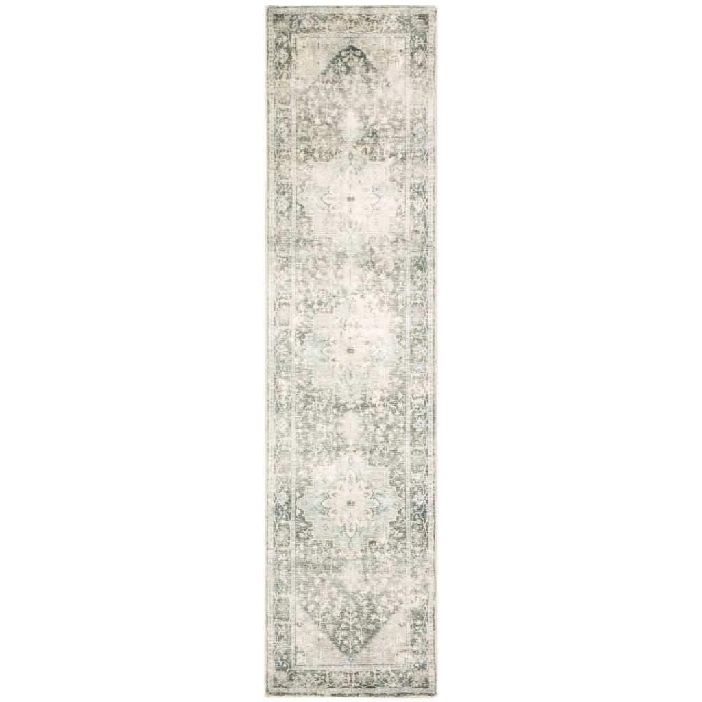 2' X 8' Grey Ivory And Blue Oriental Power Loom Stain Resistant Runner Rug - Homeroots - Flyclothing LLC