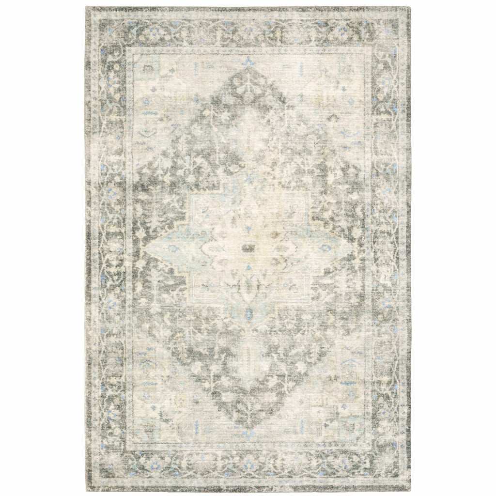 5' X 7' Grey Ivory And Blue Oriental Power Loom Stain Resistant Area Rug - Homeroots - Flyclothing LLC