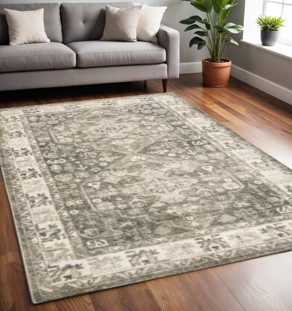 5' X 7' Grey Ivory Tan And Beige Oriental Power Loom Stain Resistant Area Rug - Homeroots - Flyclothing LLC
