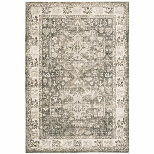 5' X 7' Grey Ivory Tan And Beige Oriental Power Loom Stain Resistant Area Rug - Homeroots - Flyclothing LLC