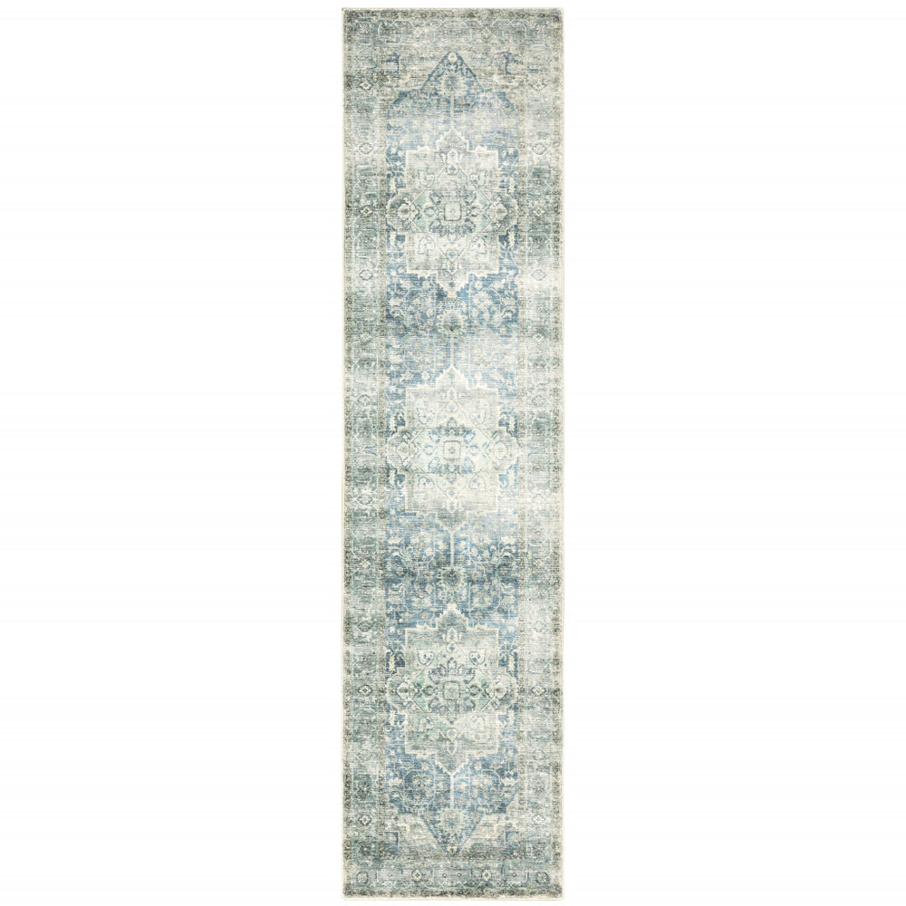 2' X 8' Grey Blue And Ivory Oriental Power Loom Stain Resistant Runner Rug - Homeroots
