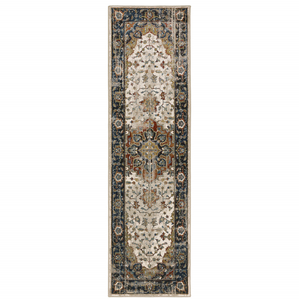 2' X 8' Beige Blue Green Rust And Grey Oriental Power Loom Stain Resistant Runner Rug - Homeroots