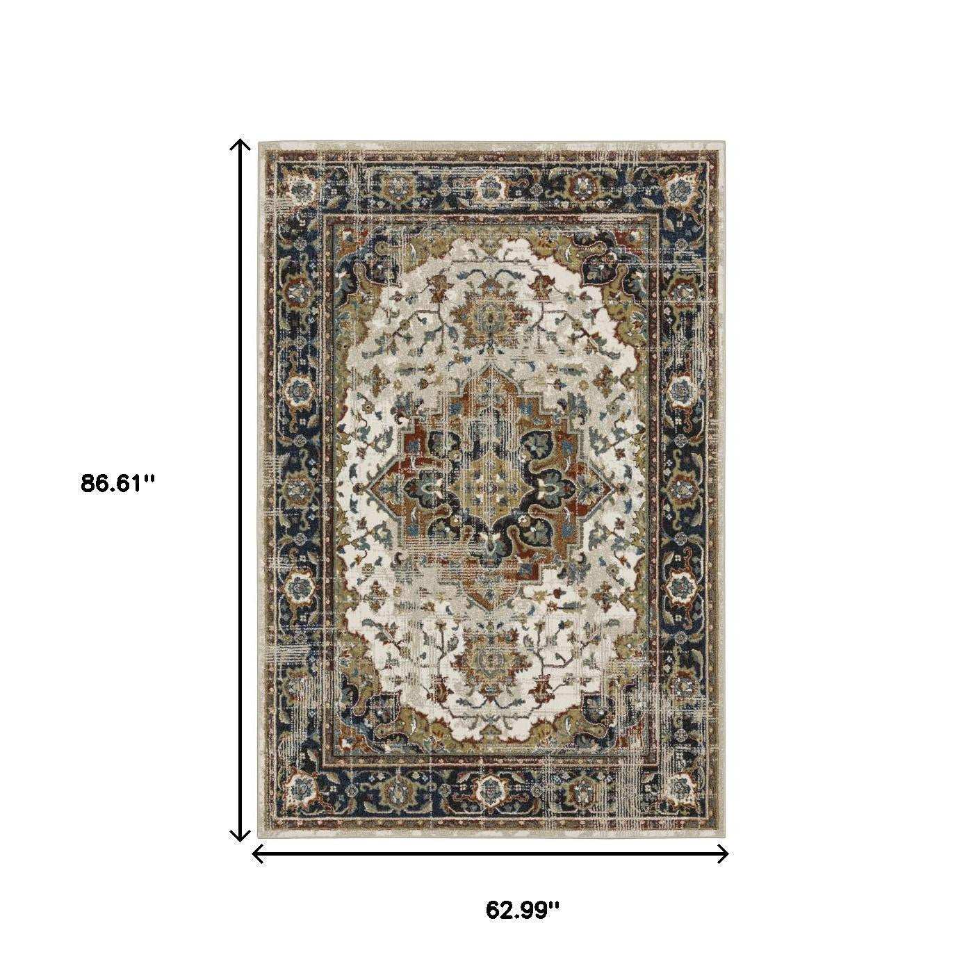 5' X 7' Beige Blue Green Rust And Grey Oriental Power Loom Stain Resistant Area Rug - Homeroots - Flyclothing LLC