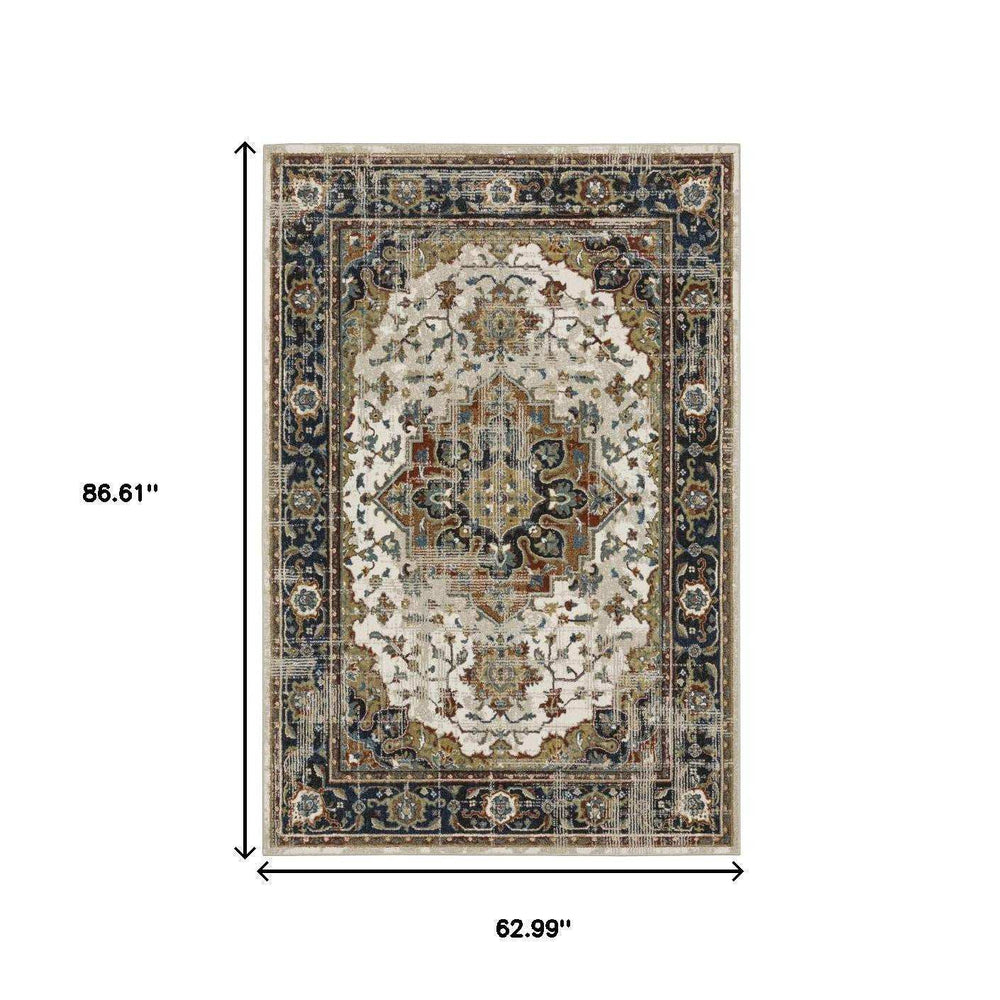 5' X 7' Beige Blue Green Rust And Grey Oriental Power Loom Stain Resistant Area Rug - Homeroots - Flyclothing LLC