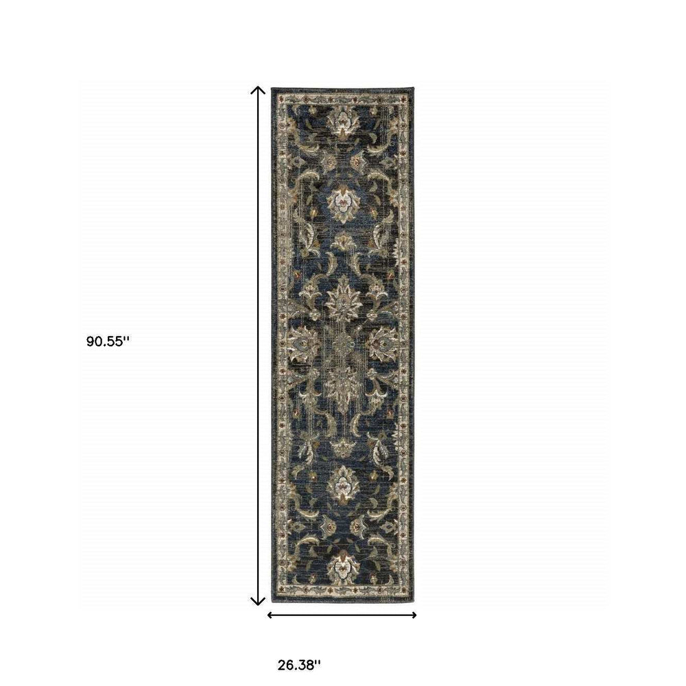 2' X 8' Charcoal Blue Gold Rust And Beige Oriental Power Loom Stain Resistant Runner Rug - Homeroots - Flyclothing LLC