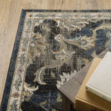 2' X 8' Charcoal Blue Gold Rust And Beige Oriental Power Loom Stain Resistant Runner Rug - Homeroots