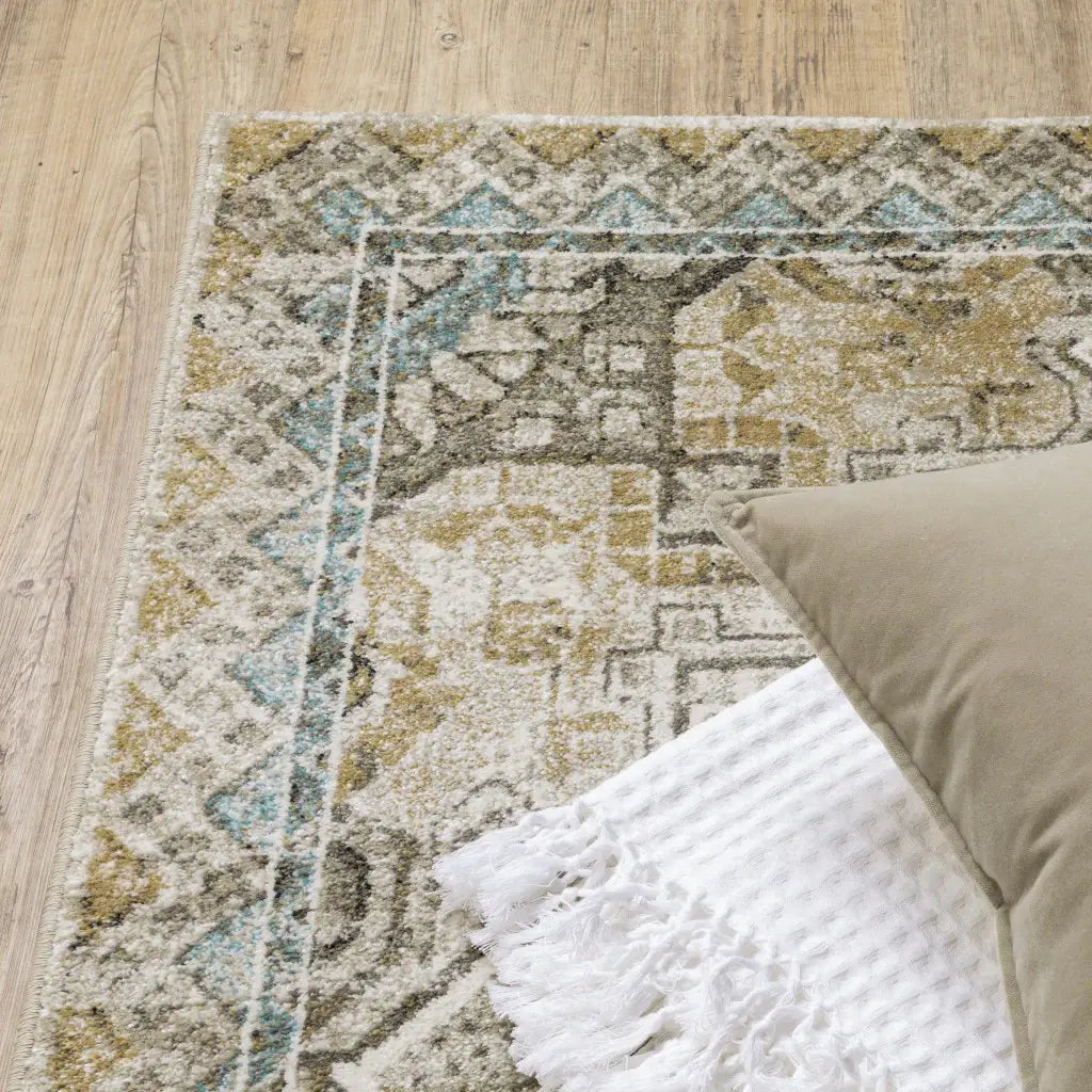 2' X 8' Grey Blue Beige And Gold Oriental Power Loom Stain Resistant Runner Rug - Homeroots - Flyclothing LLC