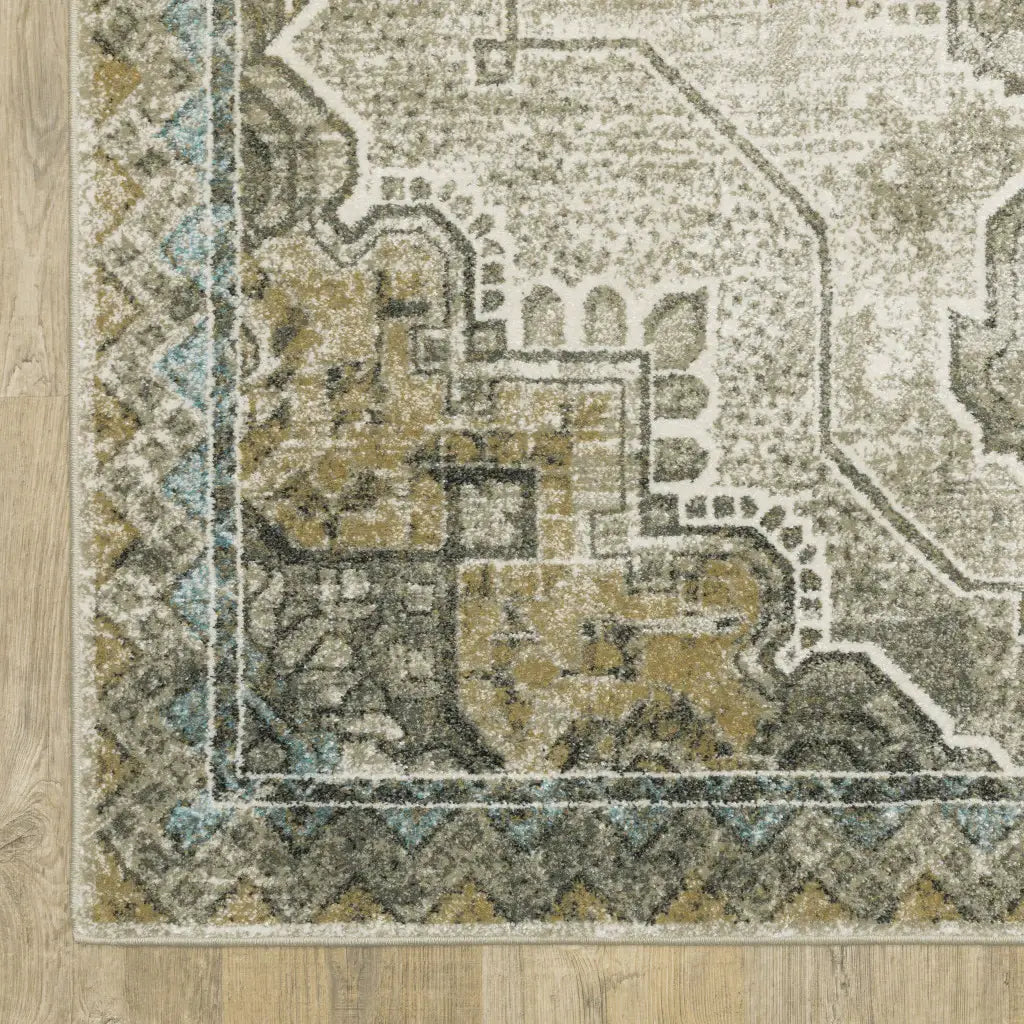 2' X 8' Grey Blue Beige And Gold Oriental Power Loom Stain Resistant Runner Rug - Homeroots - Flyclothing LLC