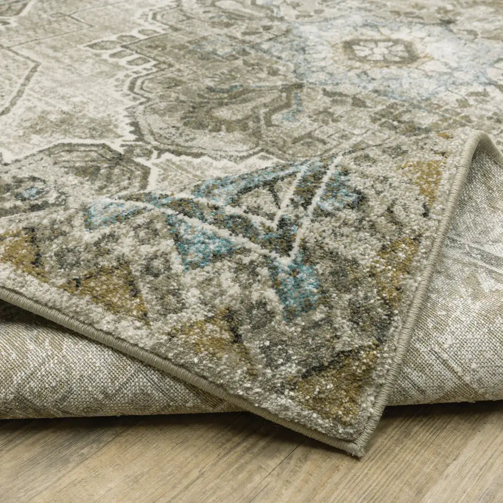 2' X 8' Grey Blue Beige And Gold Oriental Power Loom Stain Resistant Runner Rug - Homeroots - Flyclothing LLC