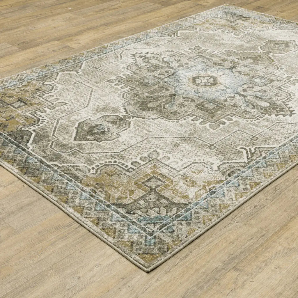 4' X 6' Grey Blue Beige And Gold Oriental Power Loom Stain Resistant Area Rug - Homeroots - Flyclothing LLC