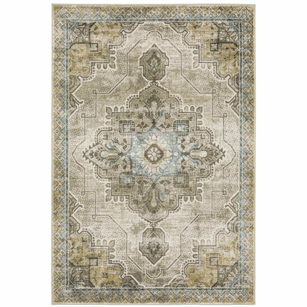 5' X 7' Grey Blue Beige And Gold Oriental Power Loom Stain Resistant Area Rug - Homeroots - Flyclothing LLC