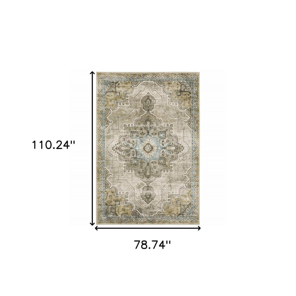 6' X 9' Grey Blue Beige And Gold Oriental Power Loom Stain Resistant Area Rug - Homeroots - Flyclothing LLC