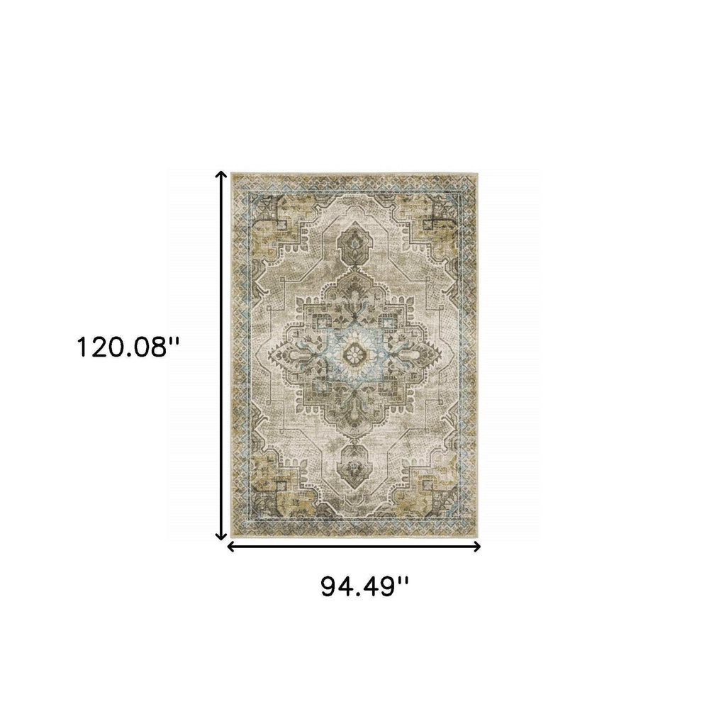 8' X 10' Grey Blue Beige And Gold Oriental Power Loom Stain Resistant Area Rug - Homeroots - Flyclothing LLC
