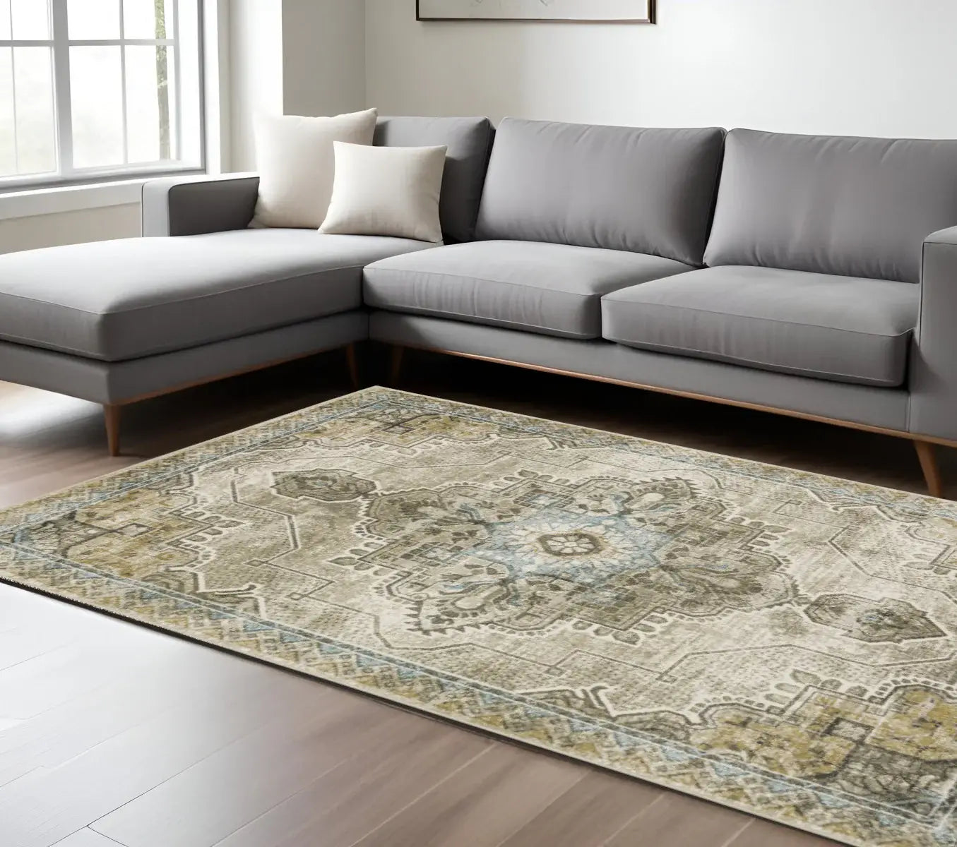 8' X 10' Grey Blue Beige And Gold Oriental Power Loom Stain Resistant Area Rug - Homeroots - Flyclothing LLC
