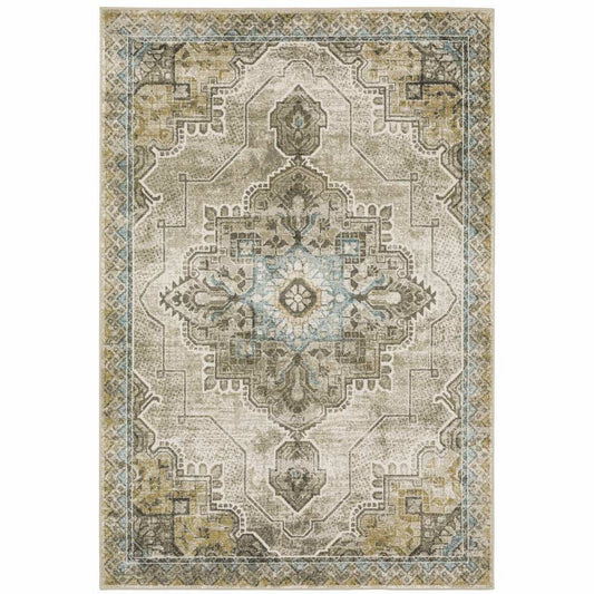8' X 10' Grey Blue Beige And Gold Oriental Power Loom Stain Resistant Area Rug - Homeroots - Flyclothing LLC
