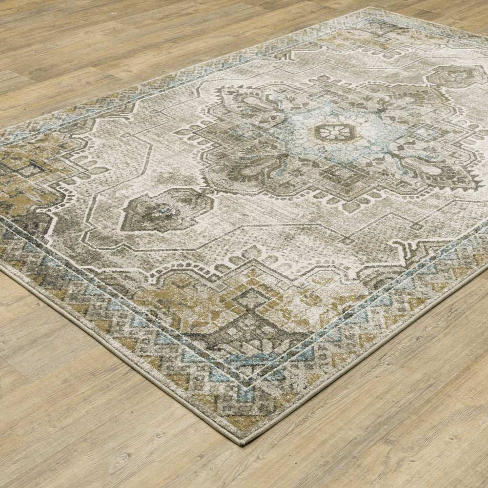8' X 10' Grey Blue Beige And Gold Oriental Power Loom Stain Resistant Area Rug - Homeroots - Flyclothing LLC