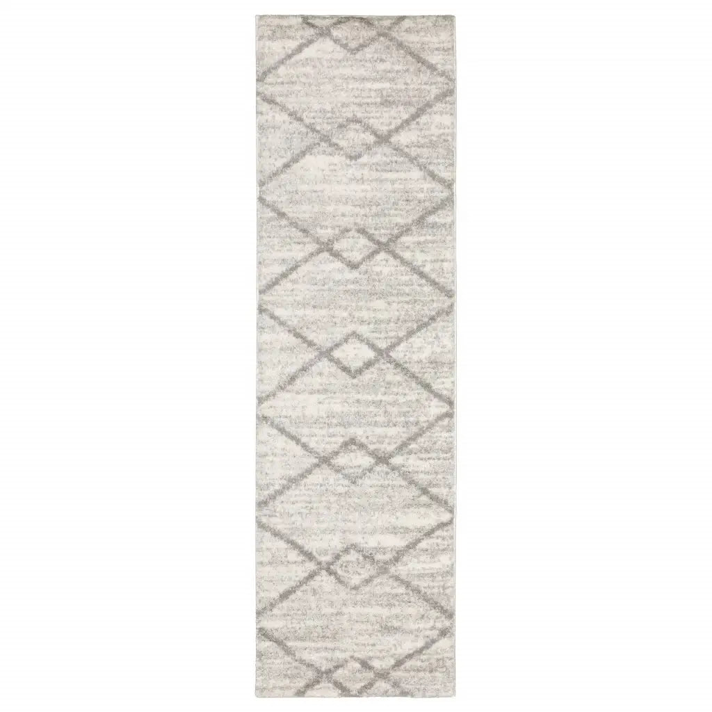 2' X 8' Ivory And Grey Geometric Shag Power Loom Stain Resistant Runner Rug - Homeroots - Flyclothing LLC