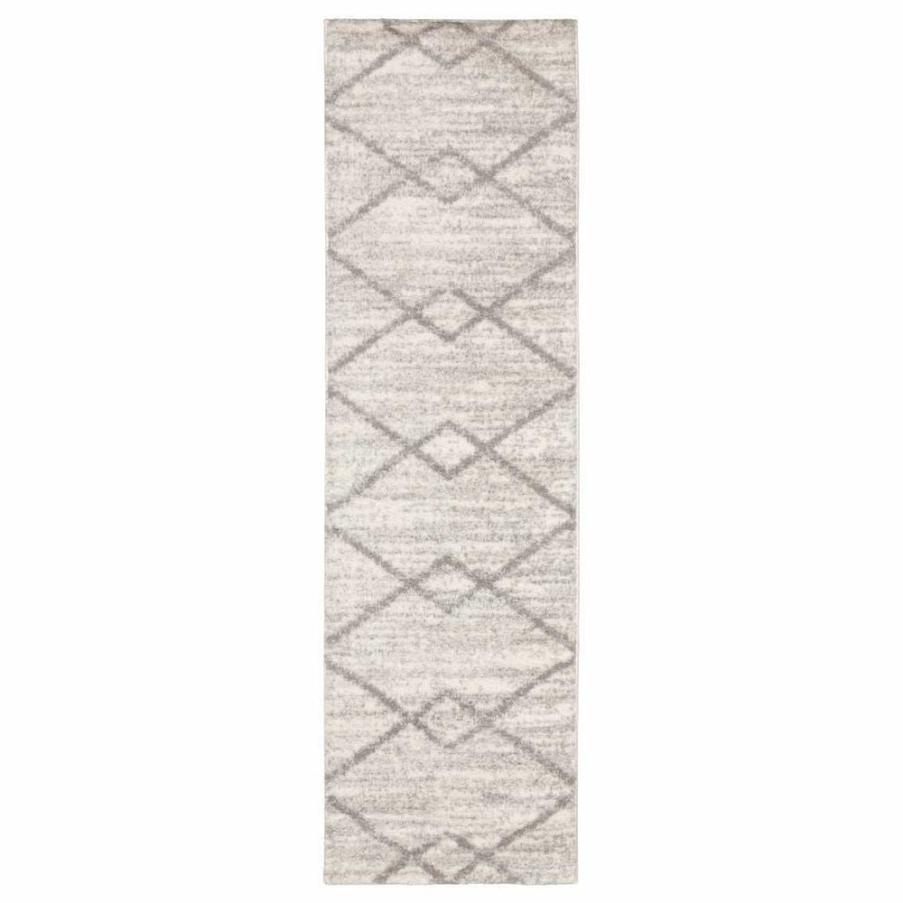 2' X 8' Ivory And Grey Geometric Shag Power Loom Stain Resistant Runner Rug - Homeroots - Flyclothing LLC