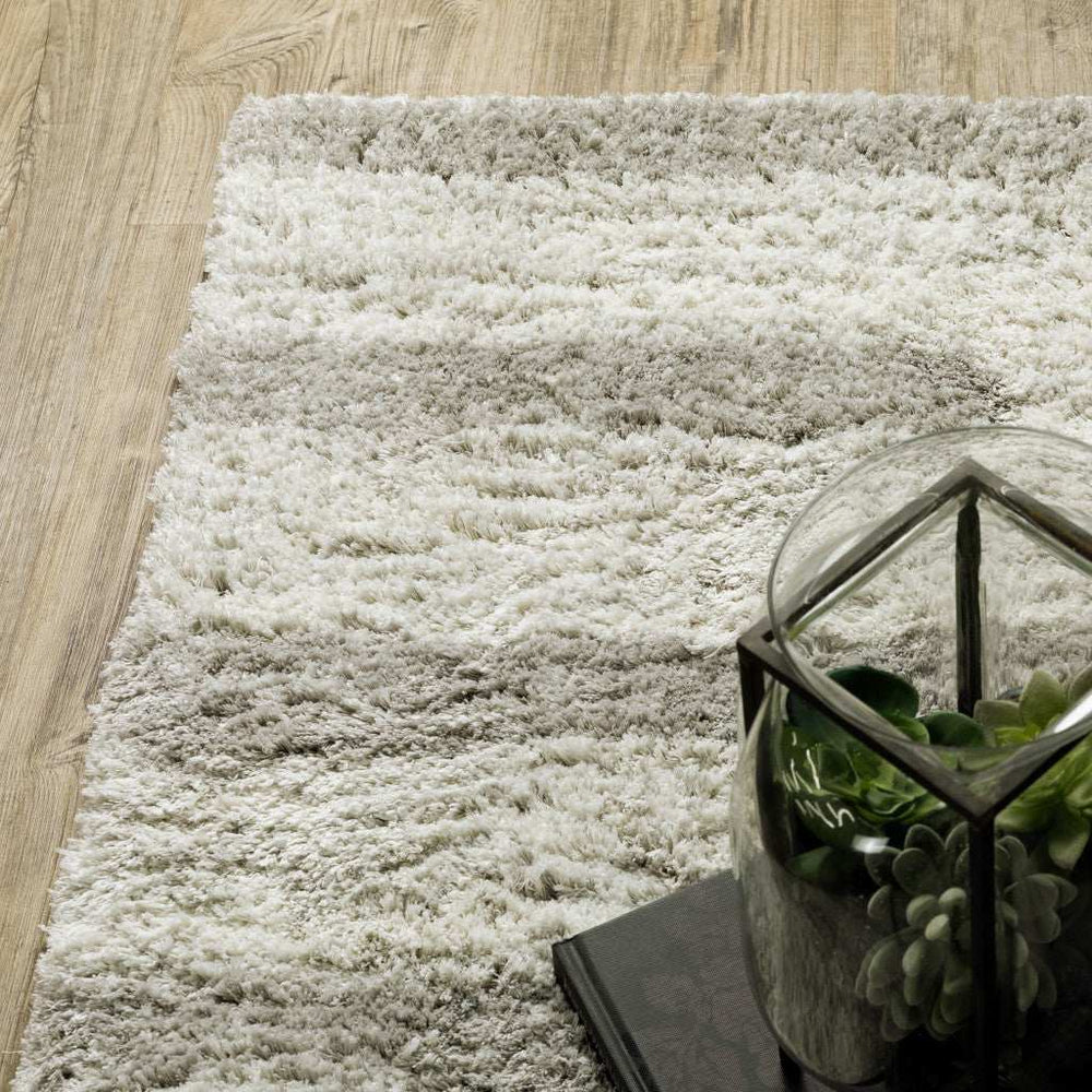 2' X 8' Ivory And Grey Geometric Shag Power Loom Stain Resistant Runner Rug - Homeroots - Flyclothing LLC