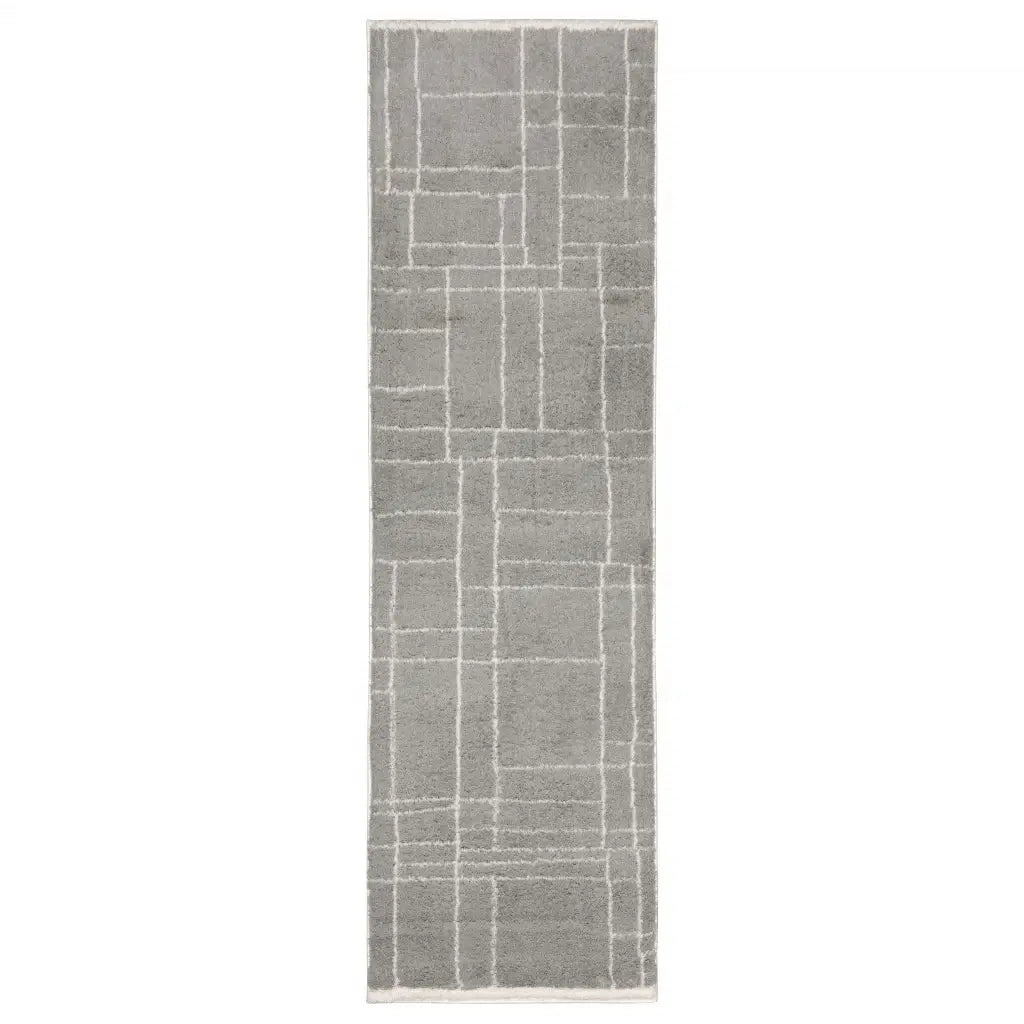 2' X 8' Grey And Ivory Geometric Shag Power Loom Stain Resistant Runner Rug - Homeroots - Flyclothing LLC