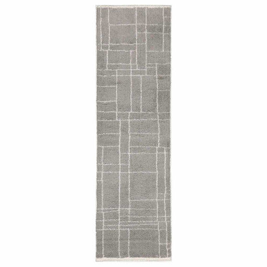 2' X 8' Grey And Ivory Geometric Shag Power Loom Stain Resistant Runner Rug - Homeroots - Flyclothing LLC