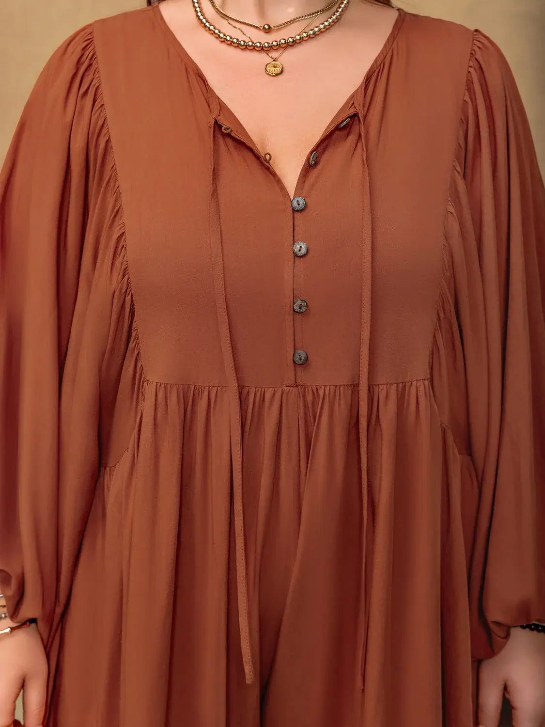 Plus Size Ruched Tie Neck Balloon Sleeve Romper - Trendsi - Flyclothing LLC
