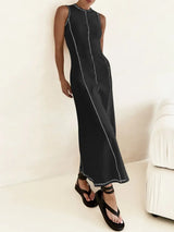 Contrast Stitching Round Neck Sleeveless Midi Dress - Trendsi - Flyclothing LLC