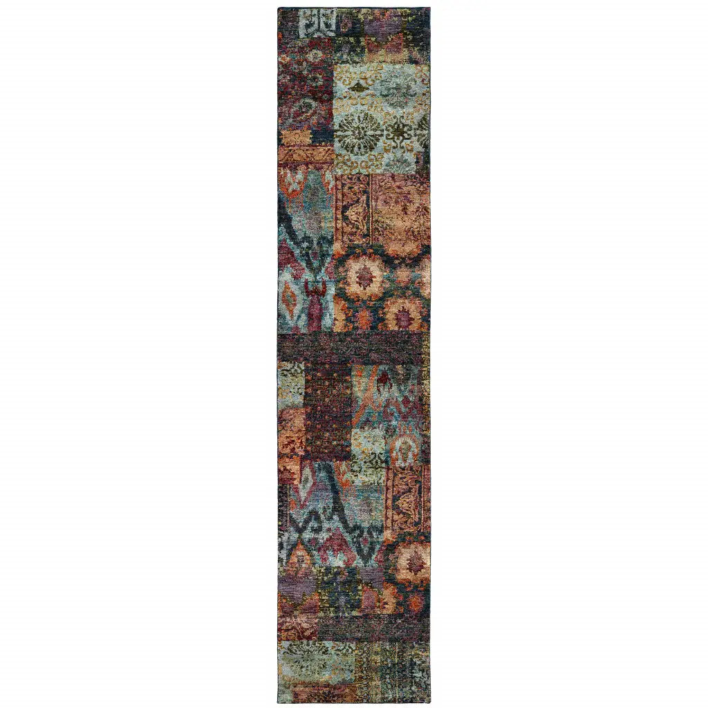 12' Runner Blue and Red Abstract Power Loom Runner Rug - Homeroots - Flyclothing LLC