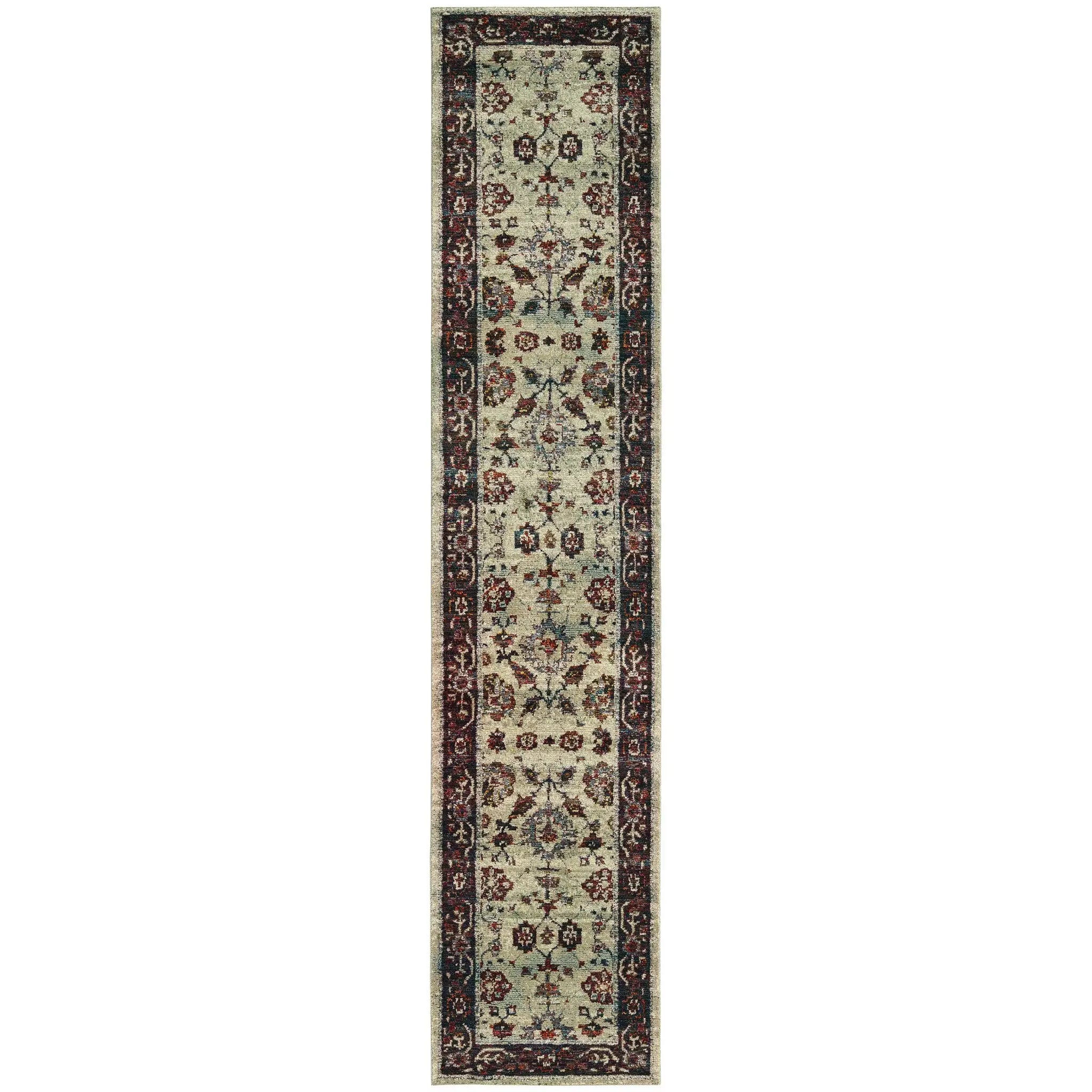 12' Runner Stone and Red Oriental Power Loom Runner Rug - Homeroots - Flyclothing LLC