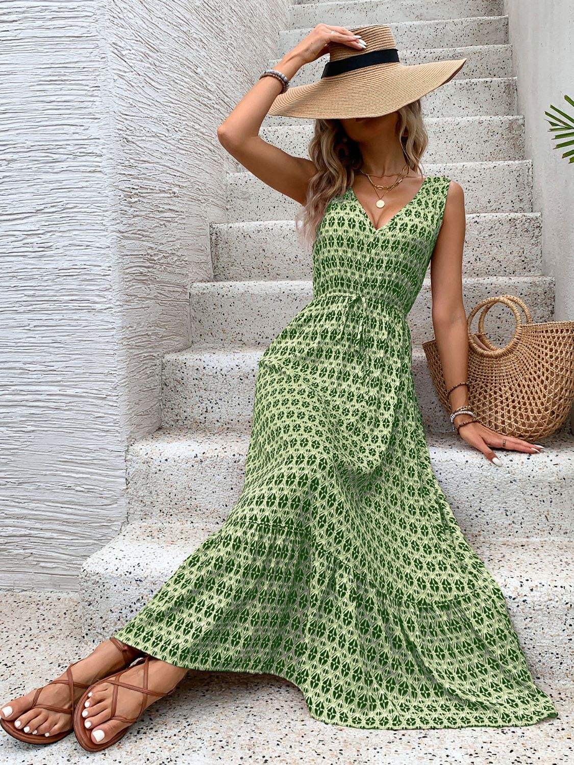 Printed V-Neck Tie Waist Midi Dress - Trendsi - Flyclothing LLC