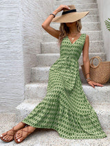 Printed V-Neck Tie Waist Midi Dress - Trendsi - Flyclothing LLC
