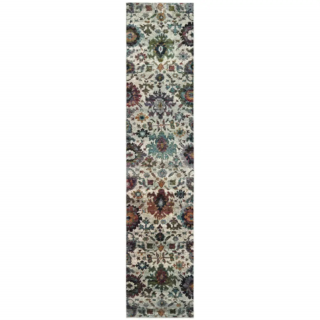 12' Runner Green and Ivory Oriental Power Loom Runner Rug - Homeroots - Flyclothing LLC