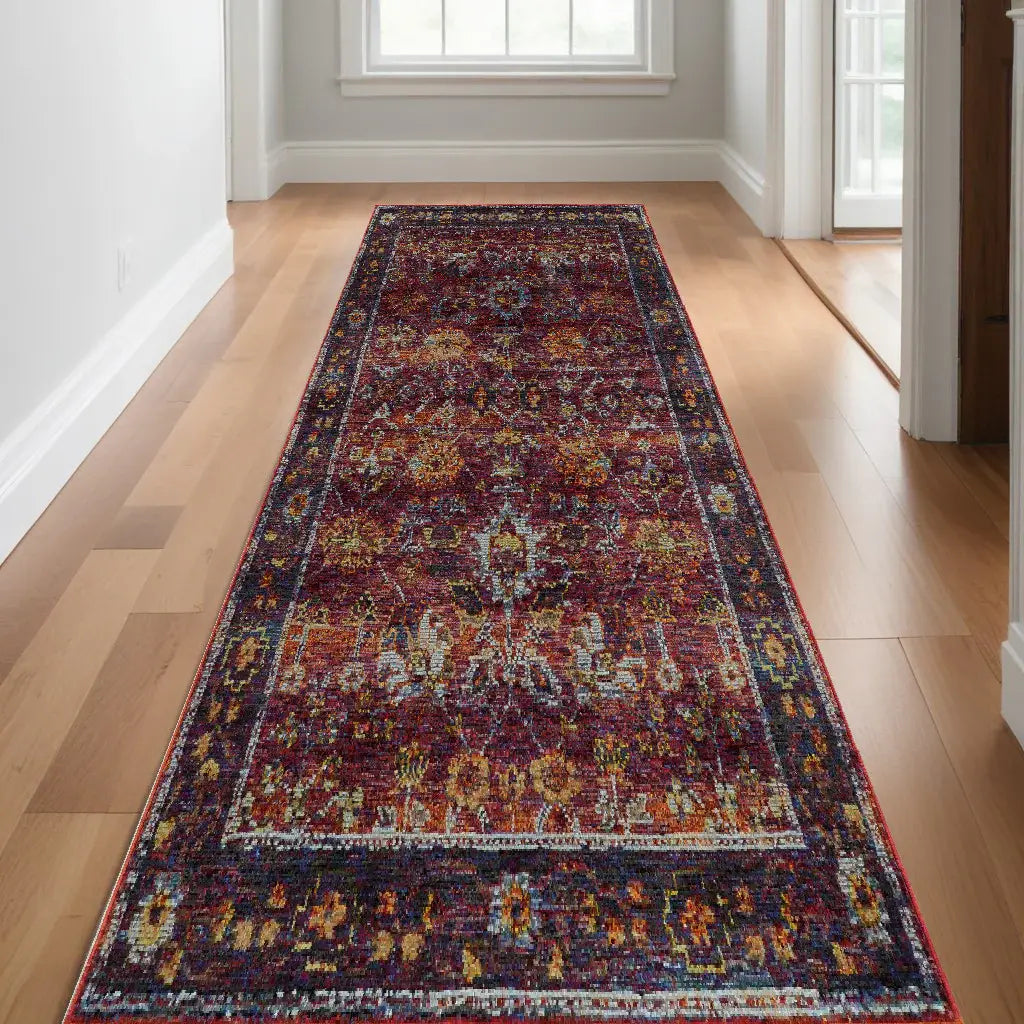 12' Runner Red Purple Gold and Grey Oriental Power Loom Runner Rug - Homeroots - Flyclothing LLC