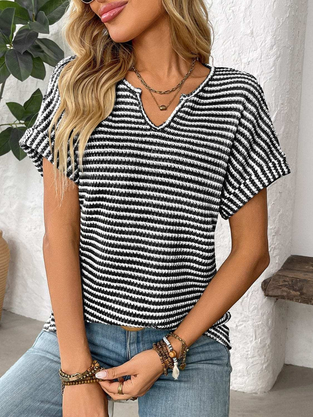 Striped Notched Short Sleeve T-Shirt - Trendsi - Flyclothing LLC
