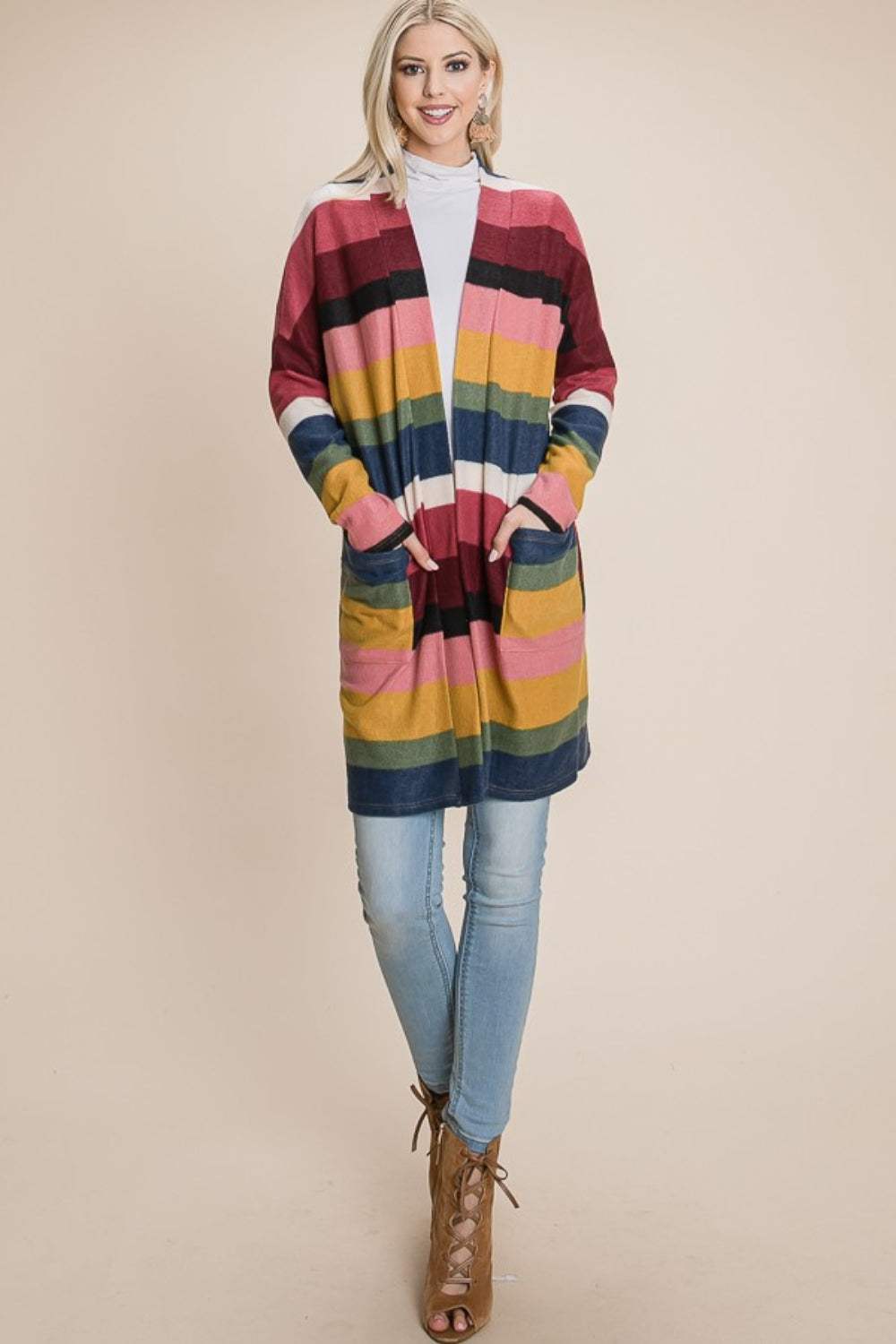 BOMBOM Color Block Striped Open Front Cardigan - Trendsi - Flyclothing LLC