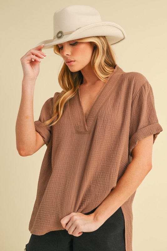 Aemi + Co Side Slit V-Neck Short Sleeve Blouse - Trendsi - Flyclothing LLC