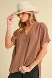 Aemi + Co Side Slit V-Neck Short Sleeve Blouse - Trendsi - Flyclothing LLC