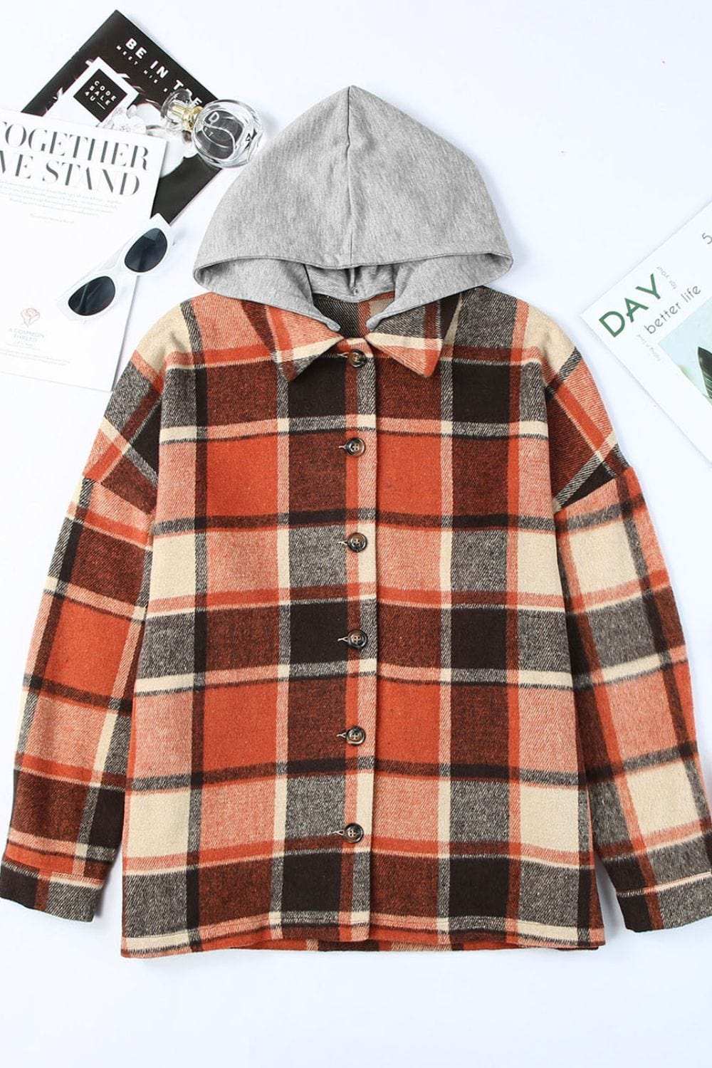 Plaid Button Up Hooded Shacket - Trendsi - Flyclothing LLC