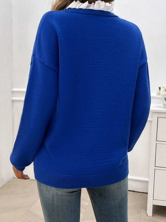 Lace Detail Notched Long Sleeve Sweater - Trendsi - Flyclothing LLC