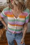 Contrast Striped V Neck Short Sleeve Pointelle Knit Top - Trendsi - Flyclothing LLC