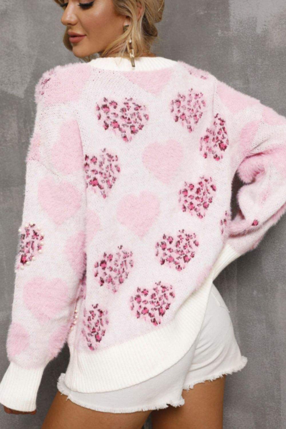 Pearl Detail Heart Round Neck Sweater - Trendsi - Flyclothing LLC
