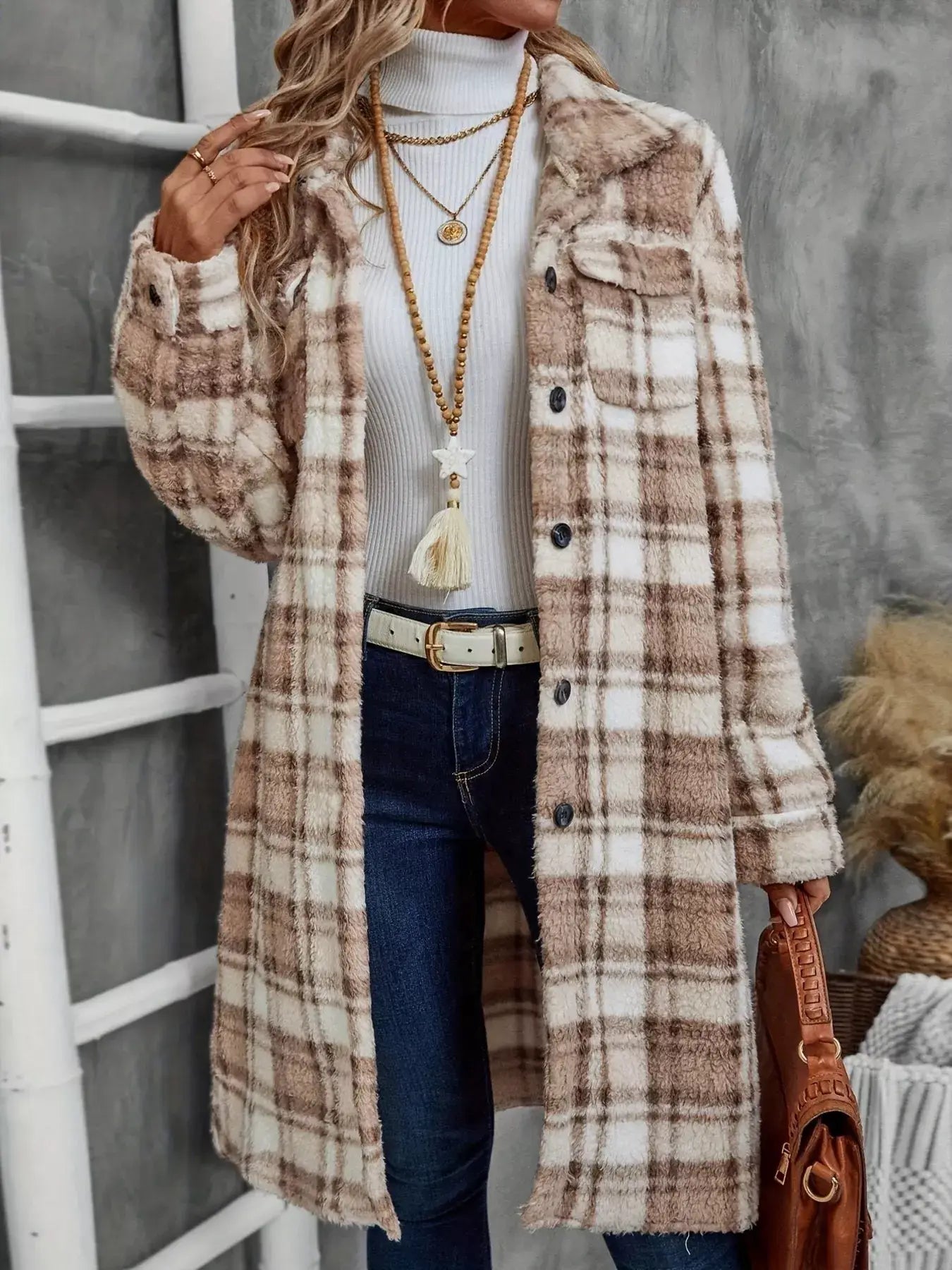 Plaid Fleece Button Up Longline Outerwear - Trendsi - Flyclothing LLC