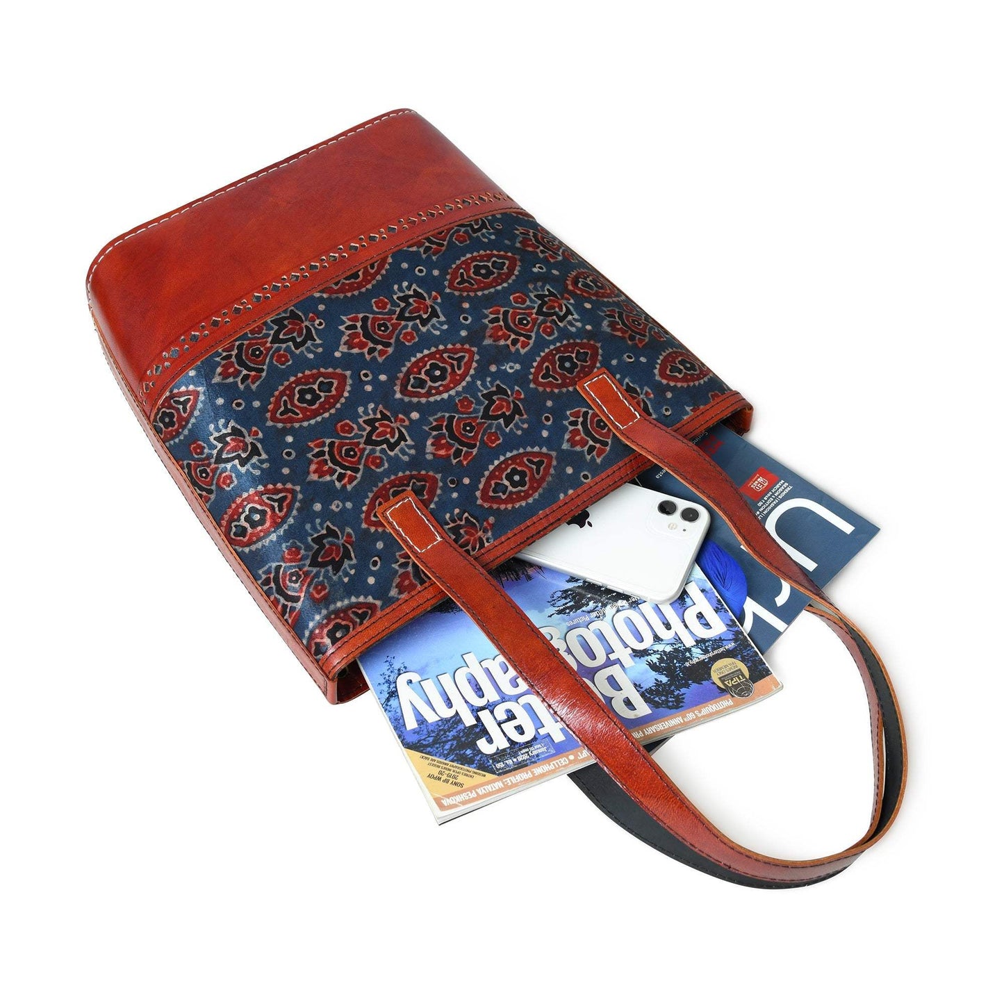Neela Ajrakh Leather Tote Bag - Classy Leather Bags - Flyclothing LLC