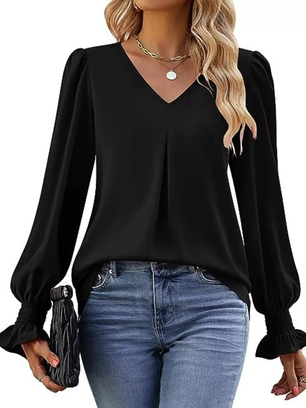 V-Neck Long Sleeve Ruffle Cuff Blouse - Trendsi - Flyclothing LLC