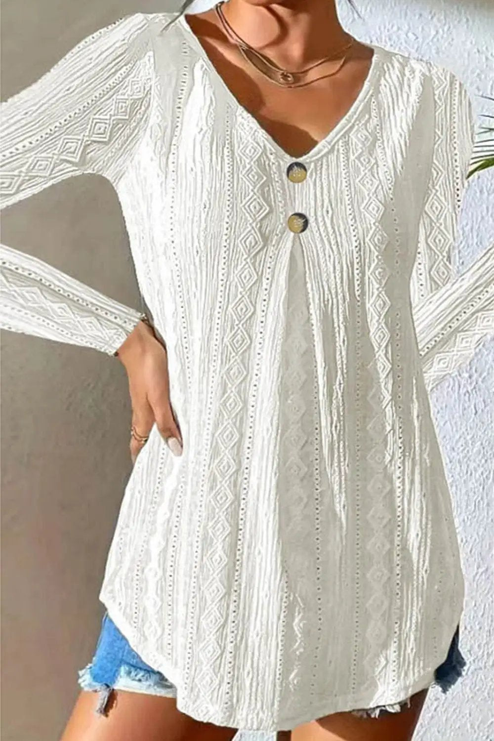 V-Neck Long Sleeve Blouse - Trendsi